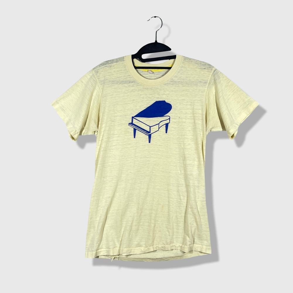 Fruit of the Loom T-Shirt Mens Medium Yellow Vintage 70s Piano Retro Indie